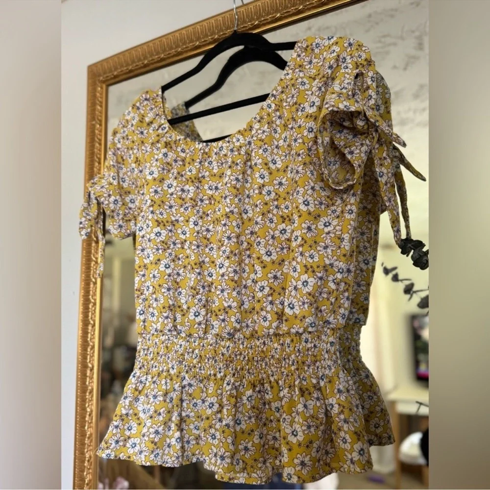 🔥E & M Yellow Floral Smocked Peplum Blouse | Garden Party Chic Feminine Spring